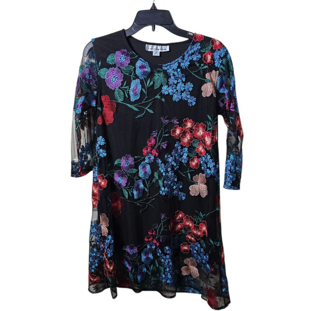 Caroline Rose Embroidered Floral Dress SP Black Sheer Overlay Wedding Guest Dres